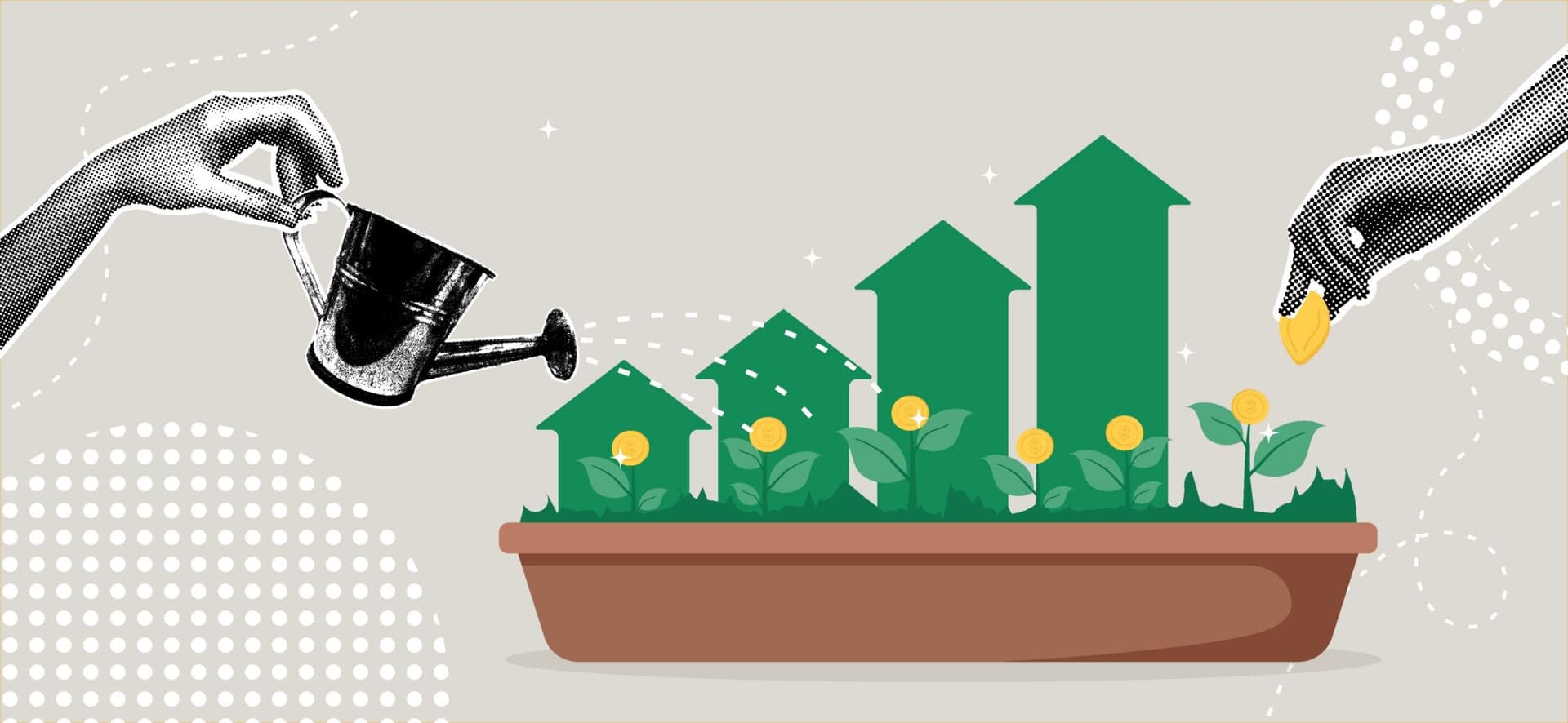 Trendy halftone collage. Growing investment,business growth. Prosperity concept, increasing income, investment profit. Vector illustration