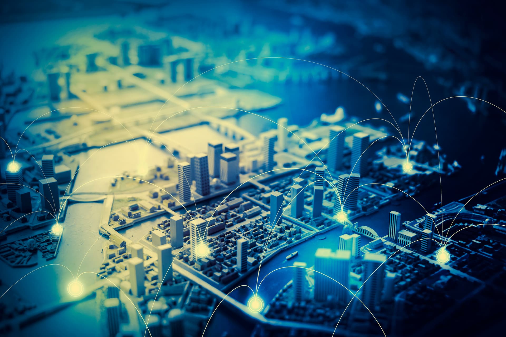 duotone graphic of smart city and communication network concept IoT(Internet of Things), ICT(Information Communication Technology), digital transformation, abstract image visual