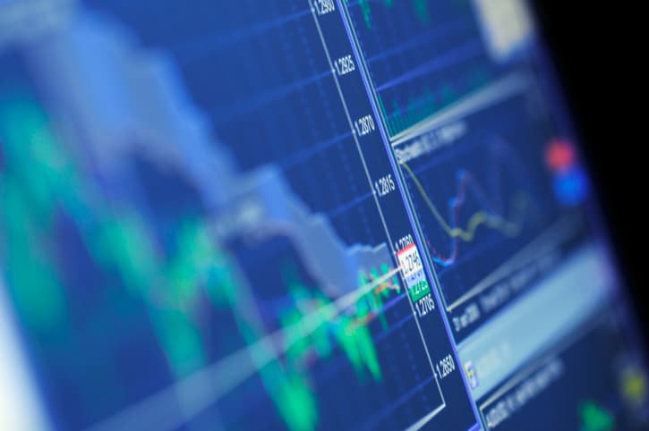 A blue stock market graph on a high resolution LCD screen.