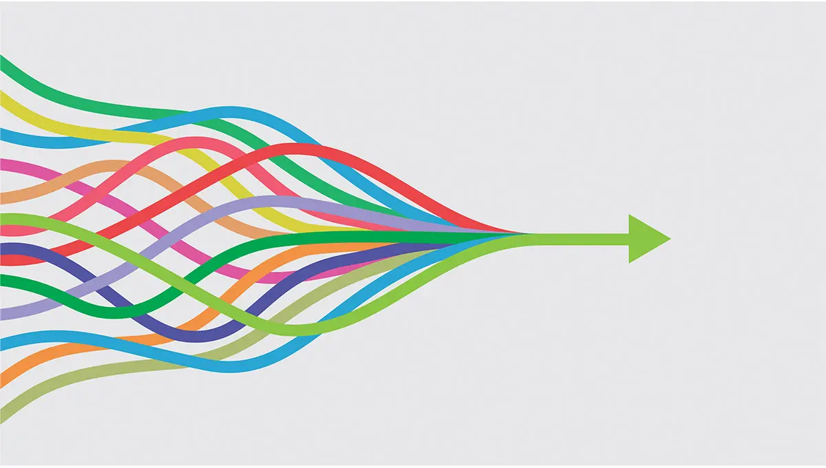 multicolored arrows converging into one arrow pointing right.