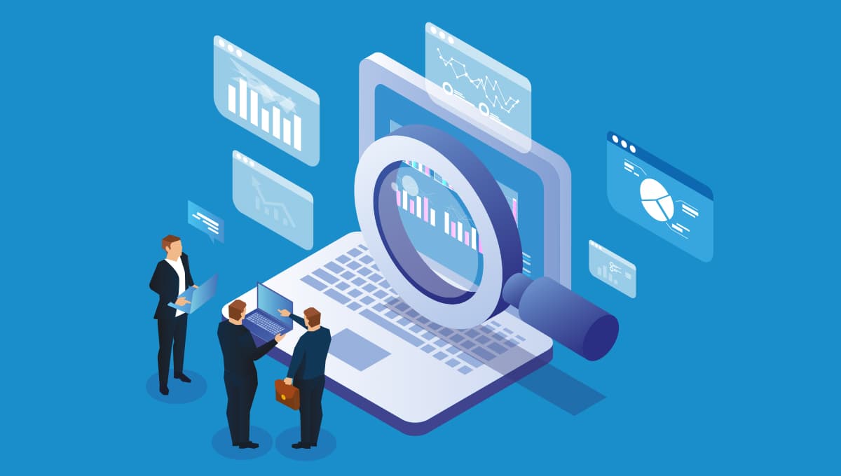 Illustration of businessmen standing beside an enormous laptop with a magnifying glass hovering over the screen