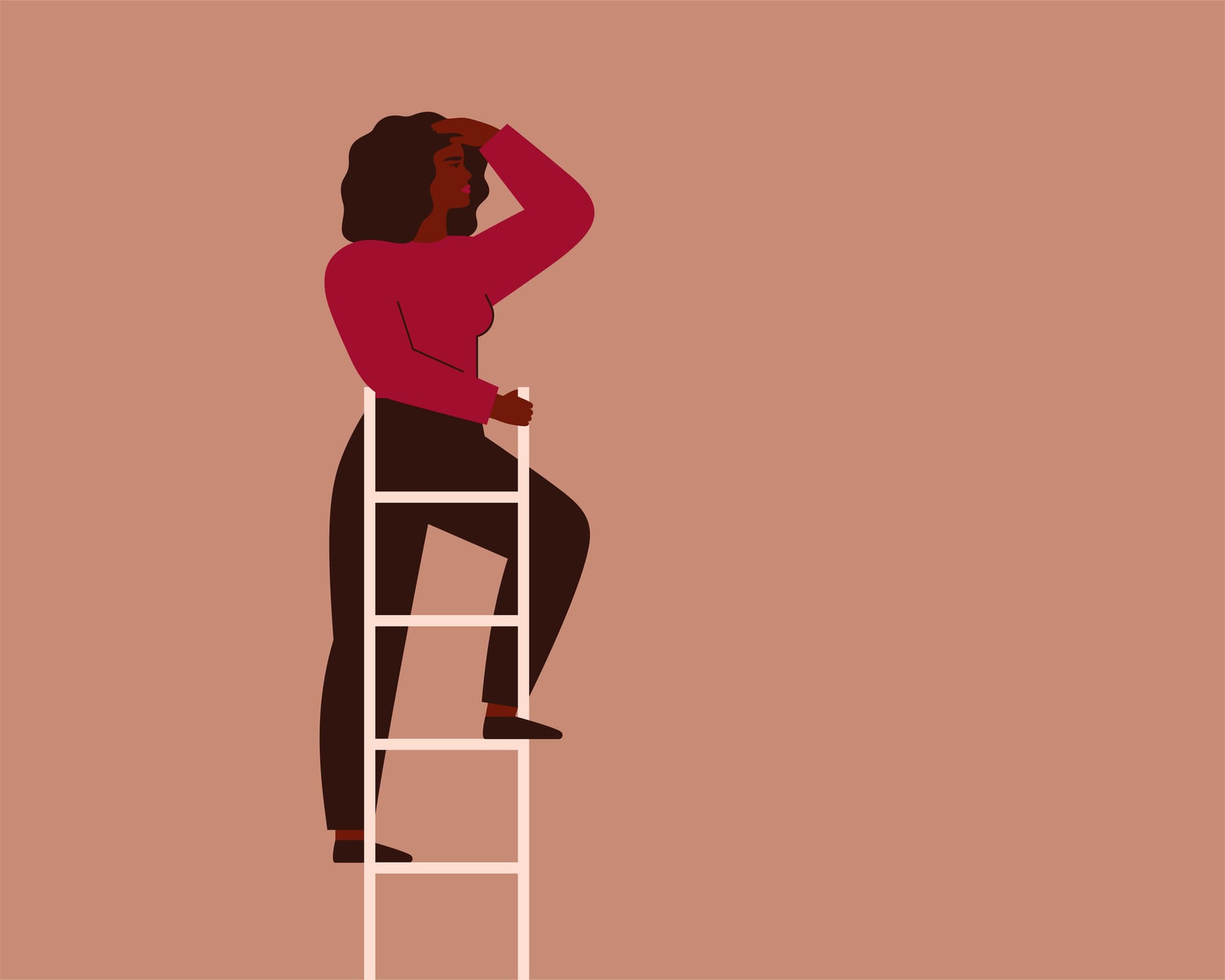 Businesswoman at the top of a ladder looking at her surroundings