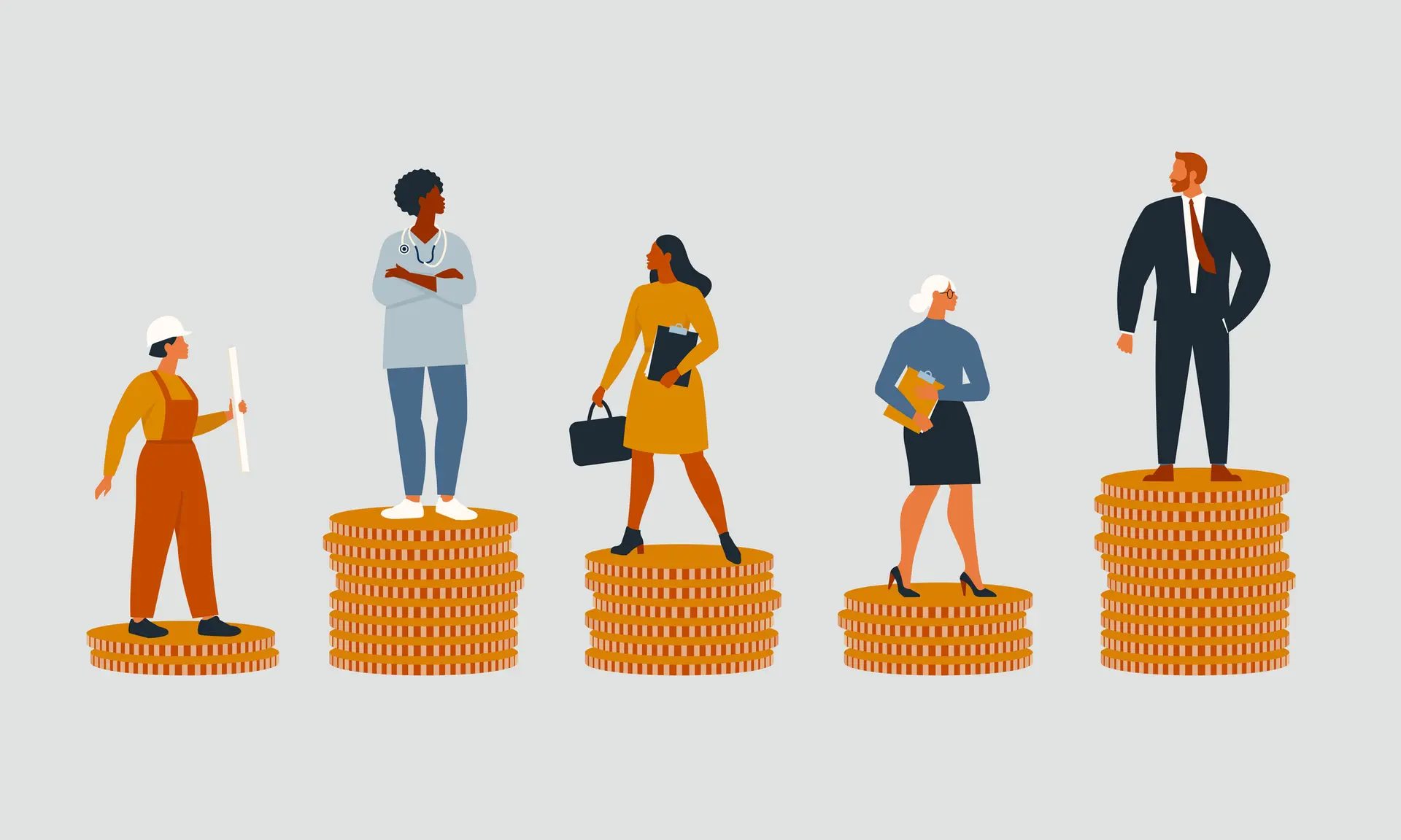 Illustration of businesspeople standing on piles of coins of various different heights