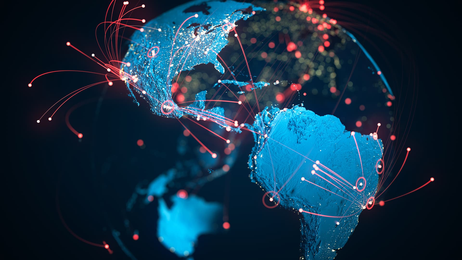 Photo of South And North America, showing flight routes, and global connections, With a focus on USA and Brazil.