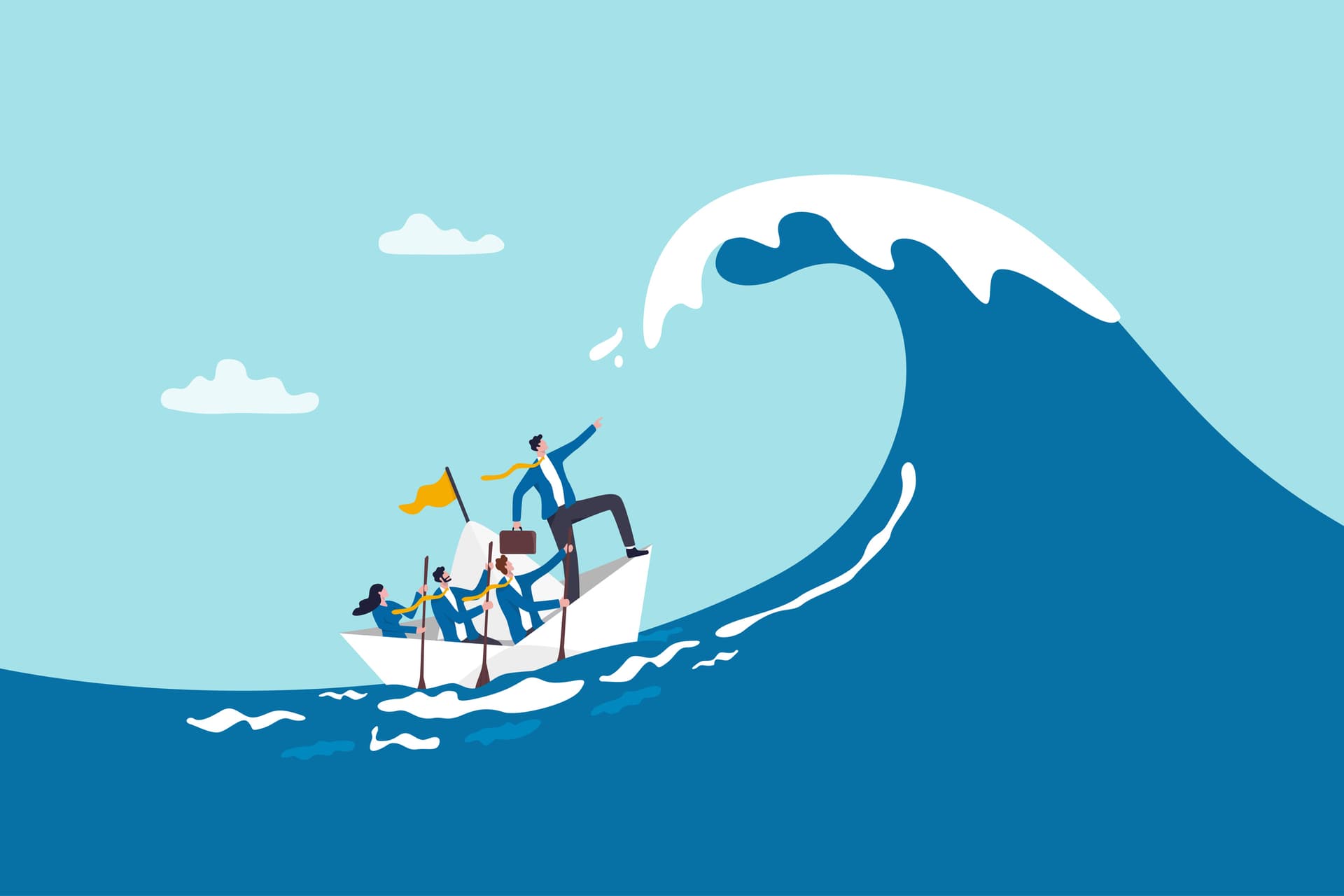 Teamwork to help survive crisis, businessman leads team sailing boat to survive storm.