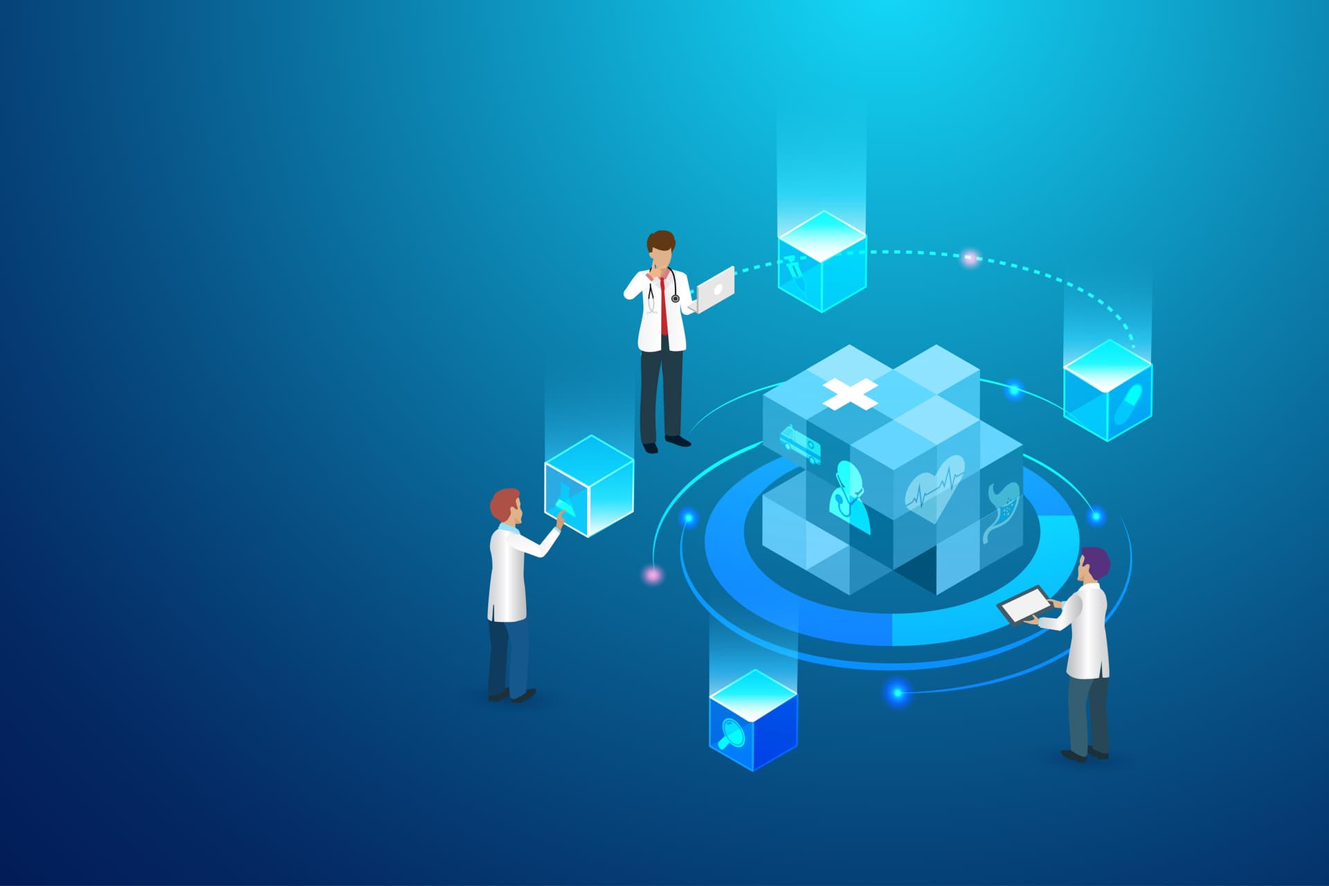 Illustration of a team of doctors engaging in medical innovation