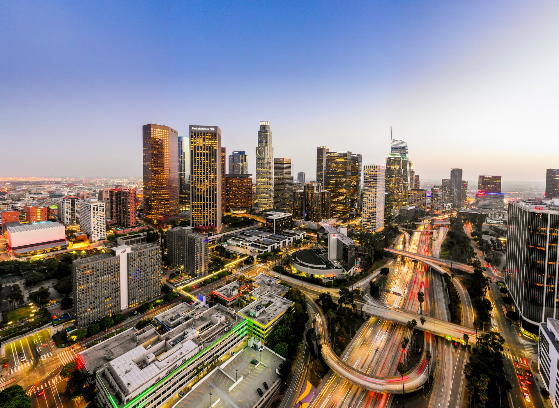 Aerial Downtown Los Angeles Skyline at Night