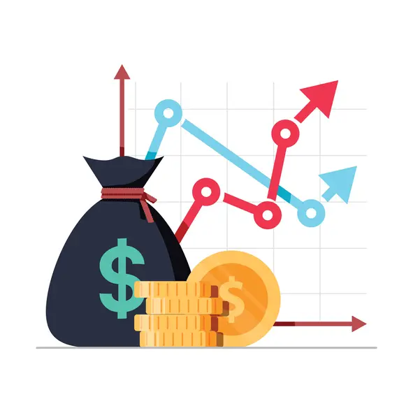 Graphic depicting income increase strategy. Financial high return on investment, fund raising or revenue growth interest rate. Loan installment and credit money, budget balance. Isolated flat design vector illustration.