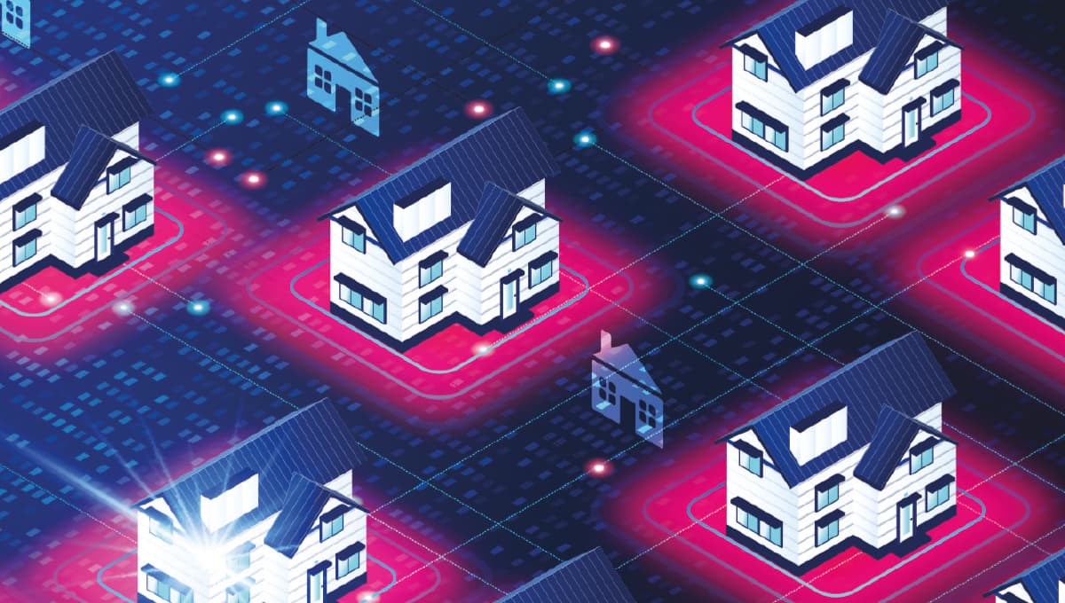 An isometric illustration of houses in a neighbourhood as though they were circuits on a motherboard