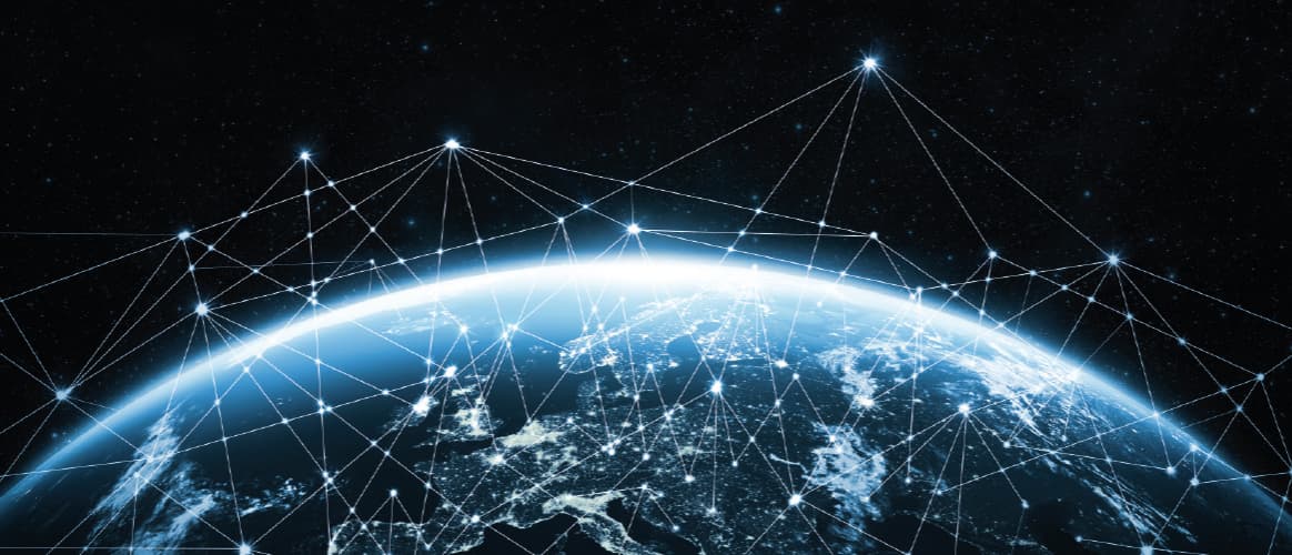 A view of Earth from space withh digital connections bouncing from satellites
