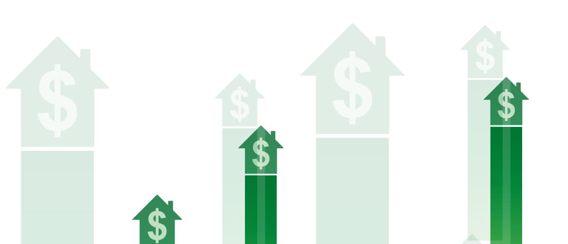 Arrows flowing up in the shape of houses with dollar signs in them