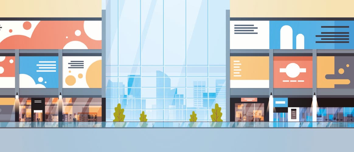 Illustration of a mall front and shopping retail units