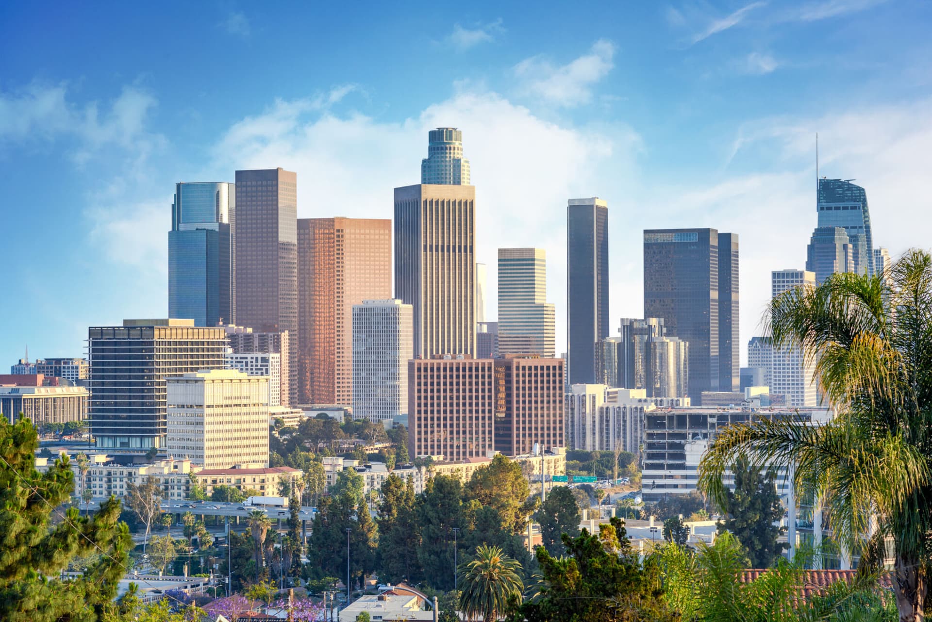 A photo of downtown Los Angeles, California, cityscape on a sunny day.