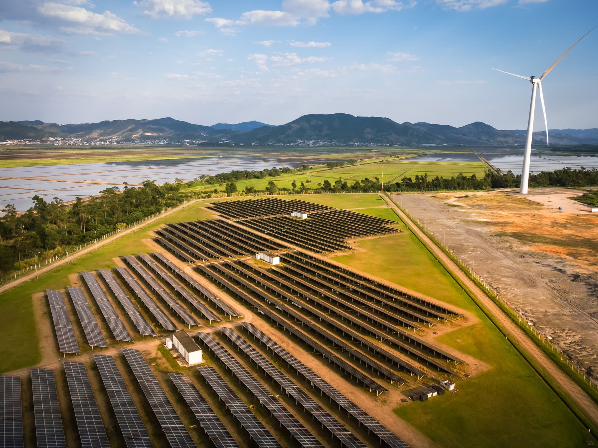 Aerial view of a region with a sustainable plant in the production of clean energy