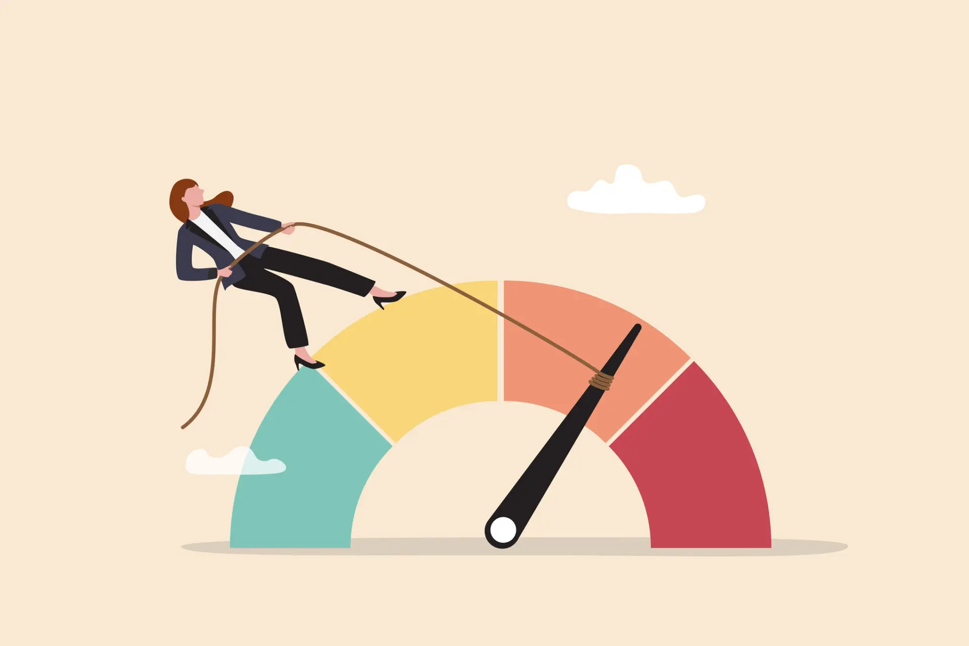 A person standing on a coloured semicircle dial representing risk is pulling a rope attached to the dial towards the green safe side of the spectrum