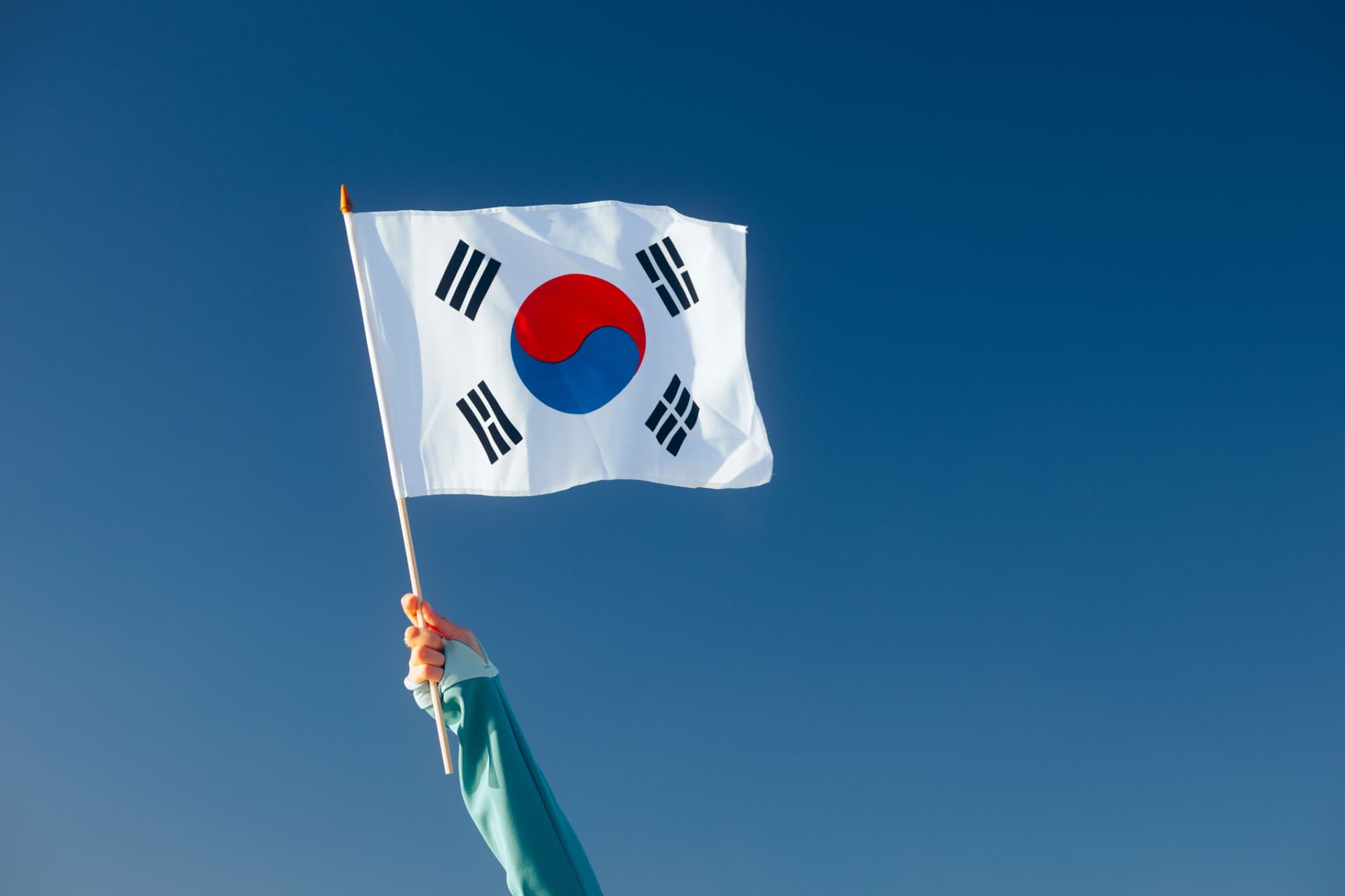 Hand waving the Korean flag.