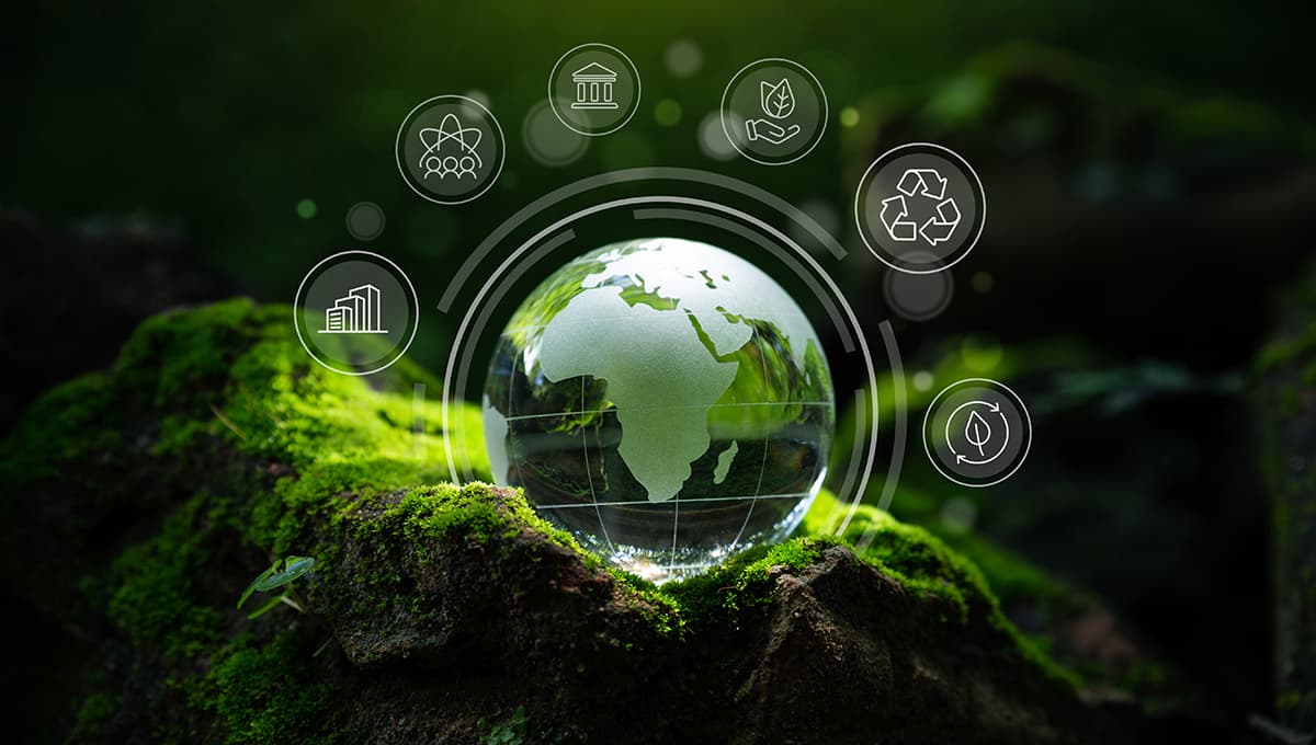 Crystal globe with moss, ESG icons