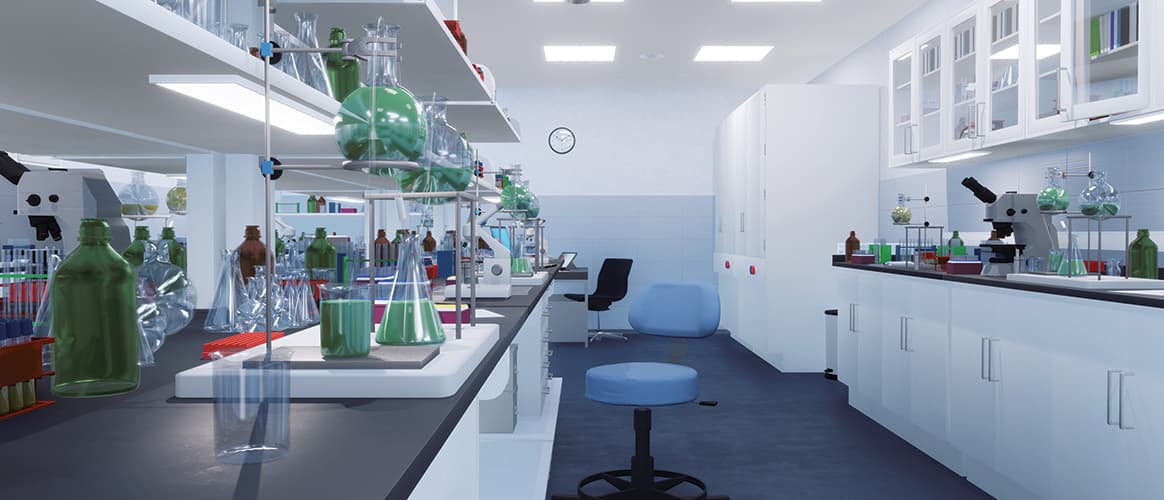 Empty interior of scientific research lab workplace with various modern laboratory equipment. With no people medical and science technology concept 3D illustration from my own 3D rendering file.