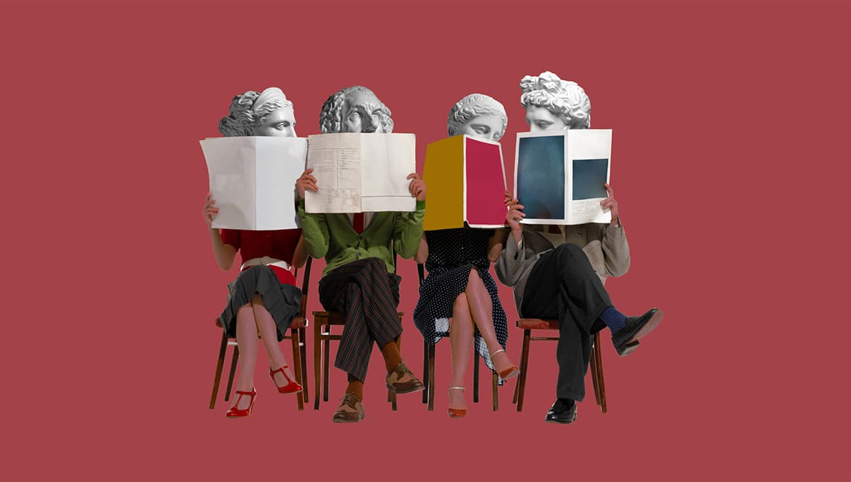 People with antique statue head sitting on chairs and reading newspaper, magazines