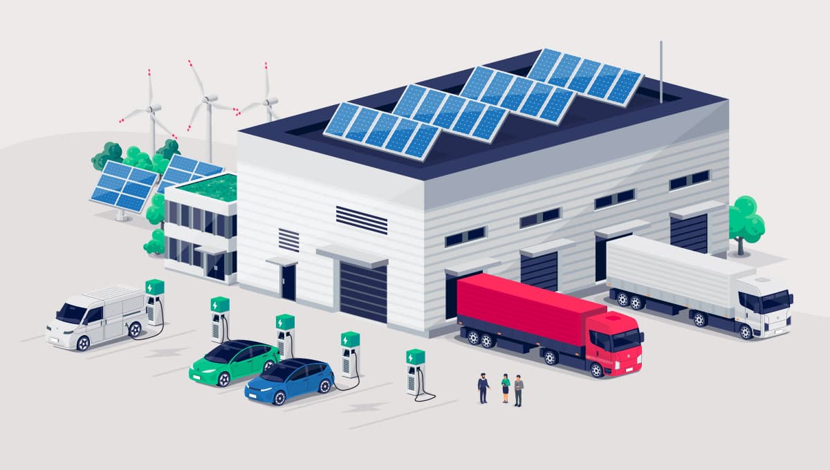 trucks, warehouse, parking, EV charging, electric vehicle, logistics, industrial