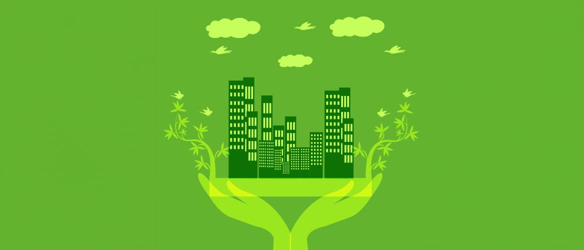 A green city of skyscrapers held aloft in two hands