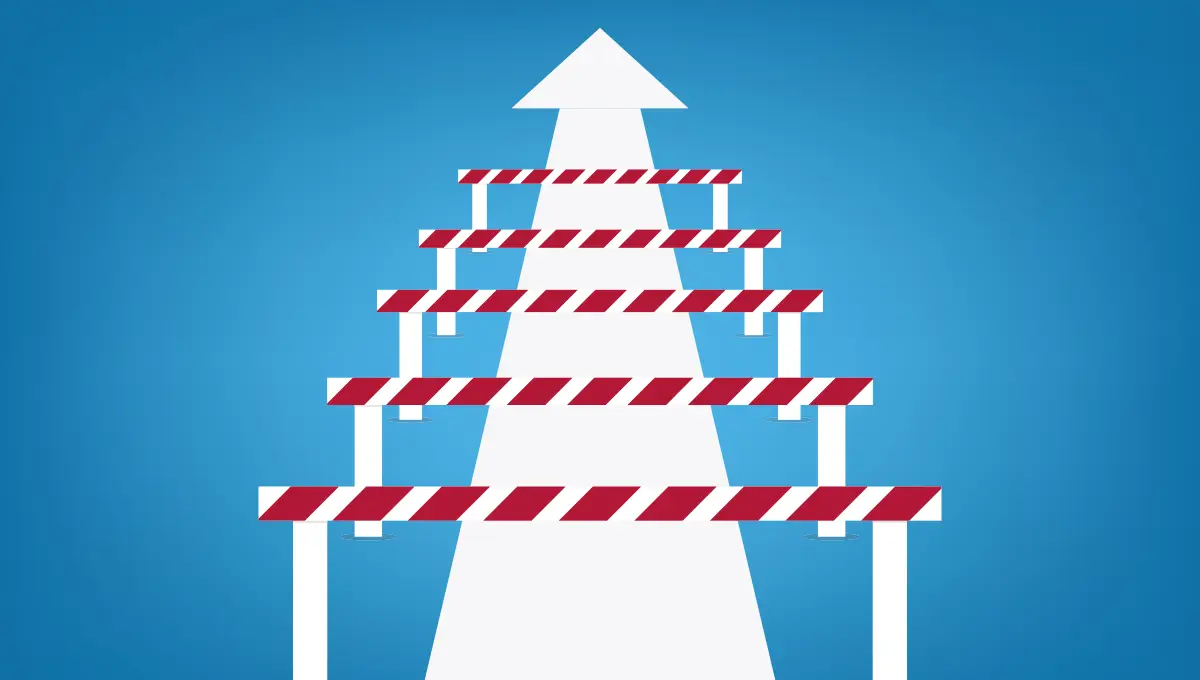A white arrow leads upwards, obscured by hurdles cradled over it