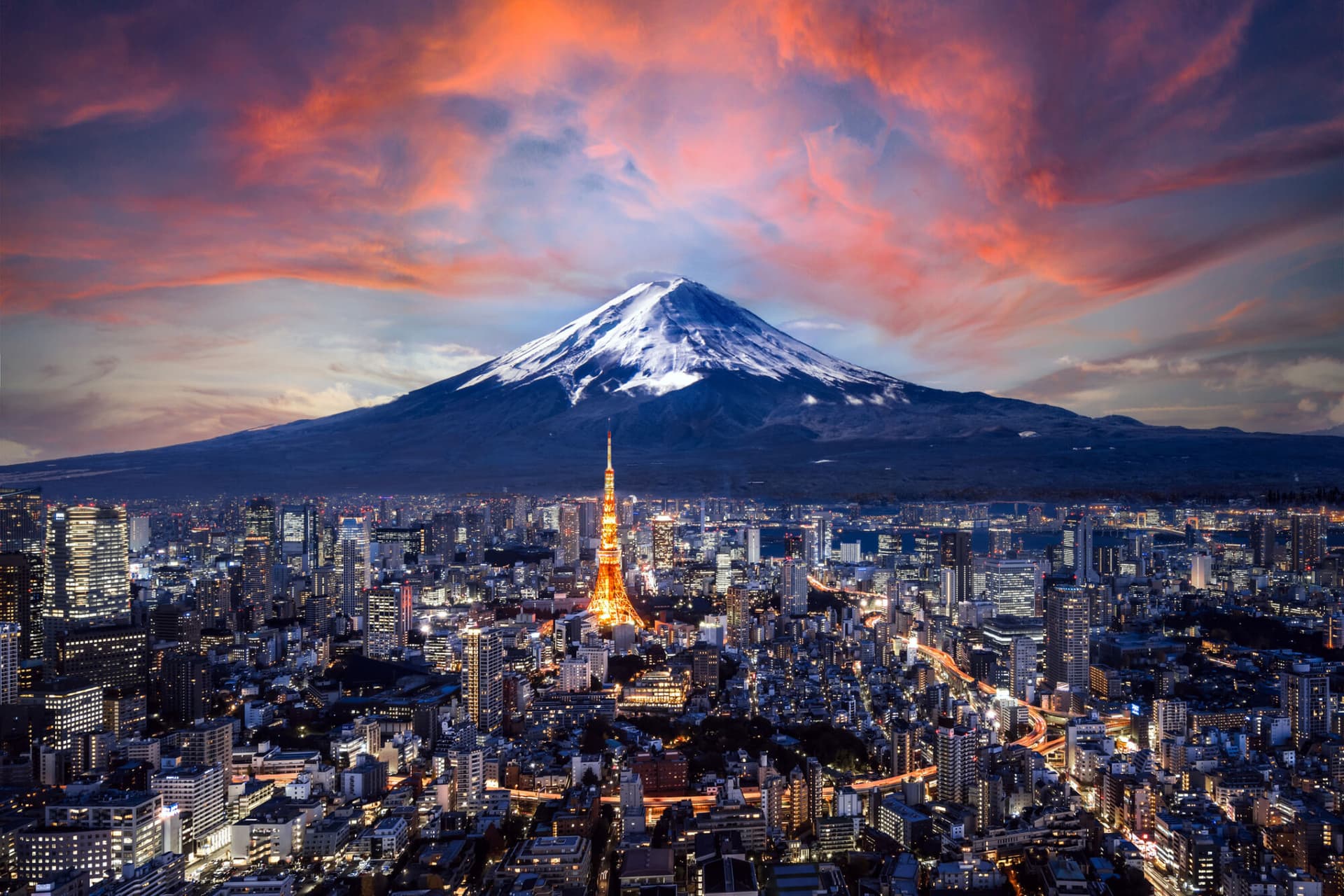 Mt. Fuji in the background of the Tokyo skyline.
