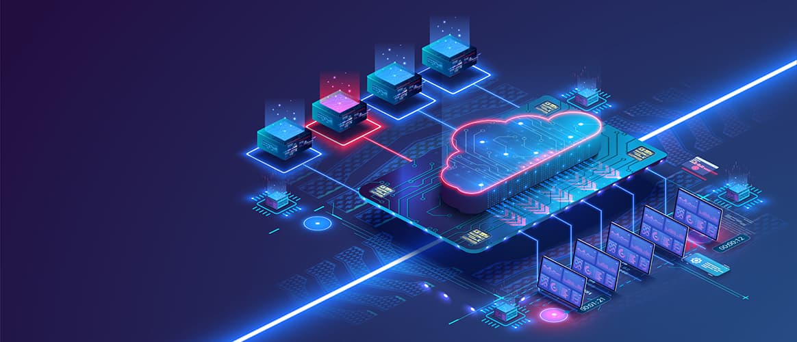 Data center isometric concept. Server room with hardware racks or web hosting infrastructure.