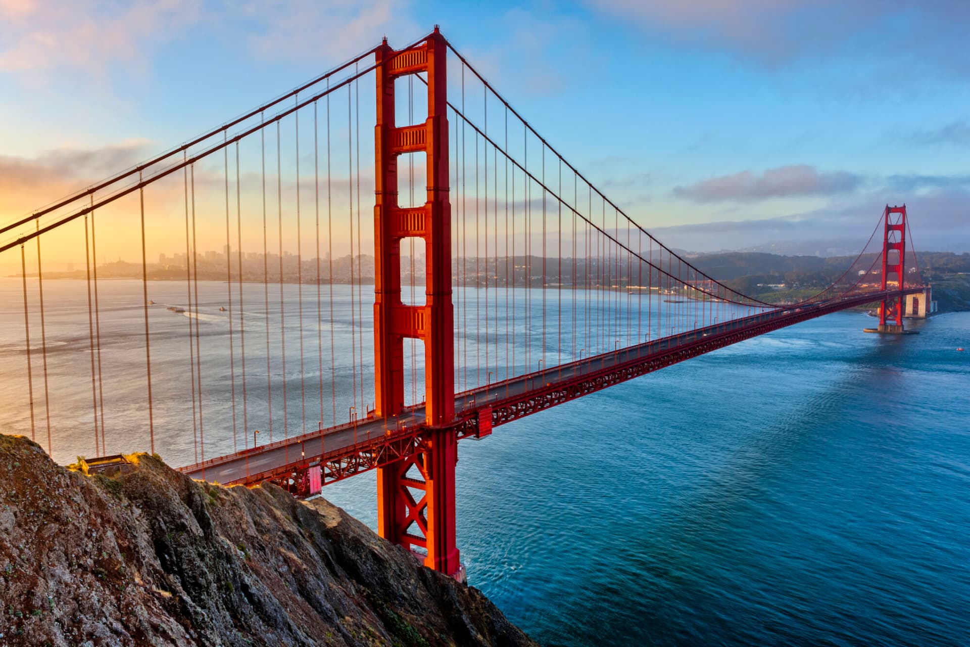 The Golden Gate Bridge and Bay area in San Francisco, California at sunrise