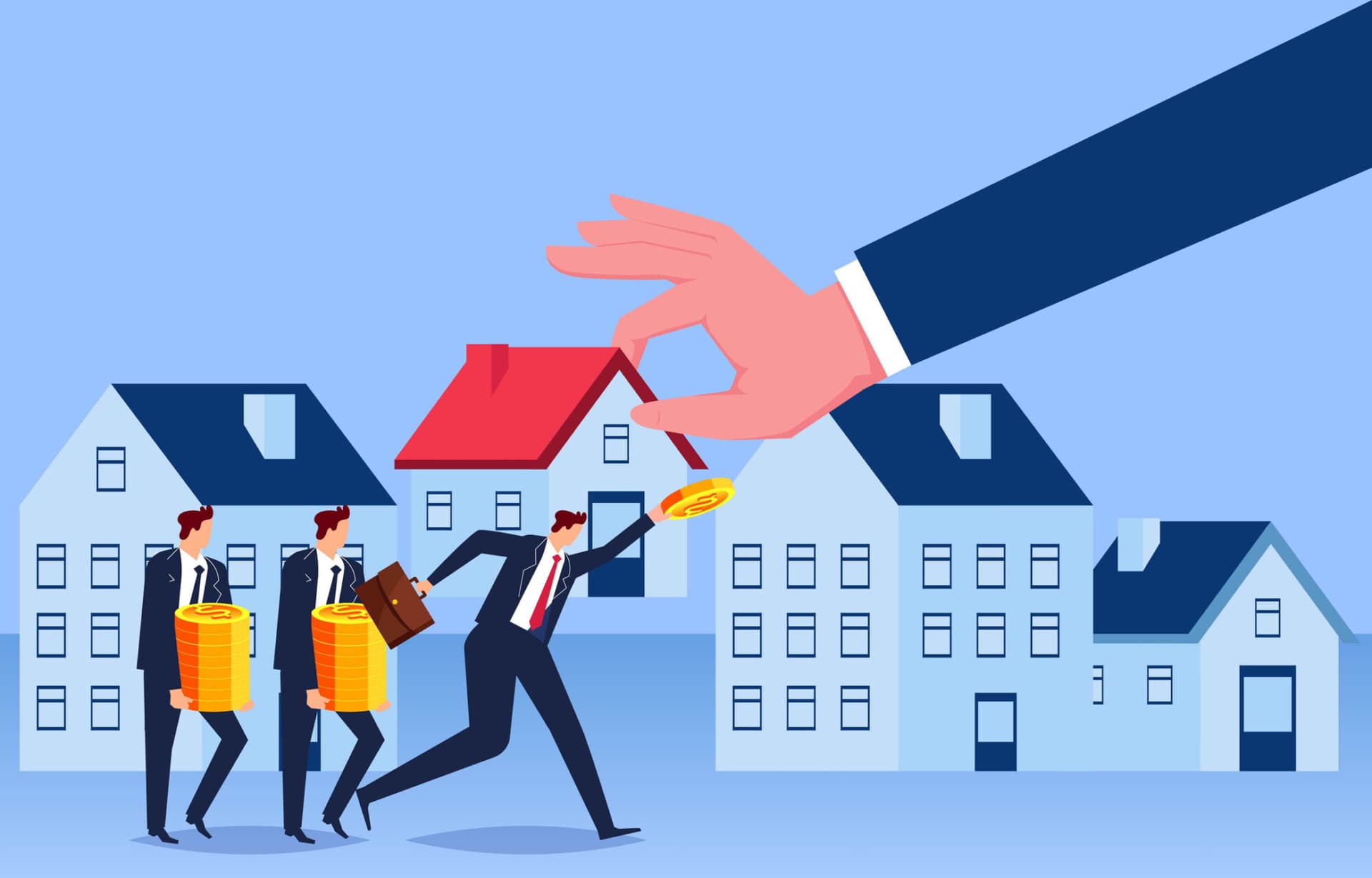 Real estate mortgages, investments, sales and development, home loans, businessmen taking money to buy houses held in large hands