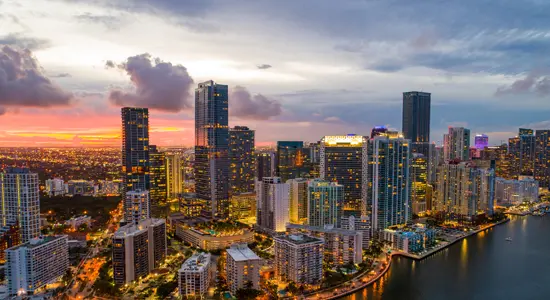 A panoramic view of Miami's Brickell submarket at sunset.