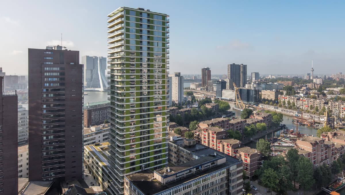 Project UpTown in central Rotterdam features 178 apartments on Wijnhaven island in the Netherlands.