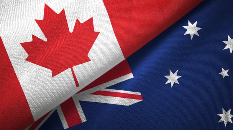 Parts of the Canadian and Australian flags next to each other