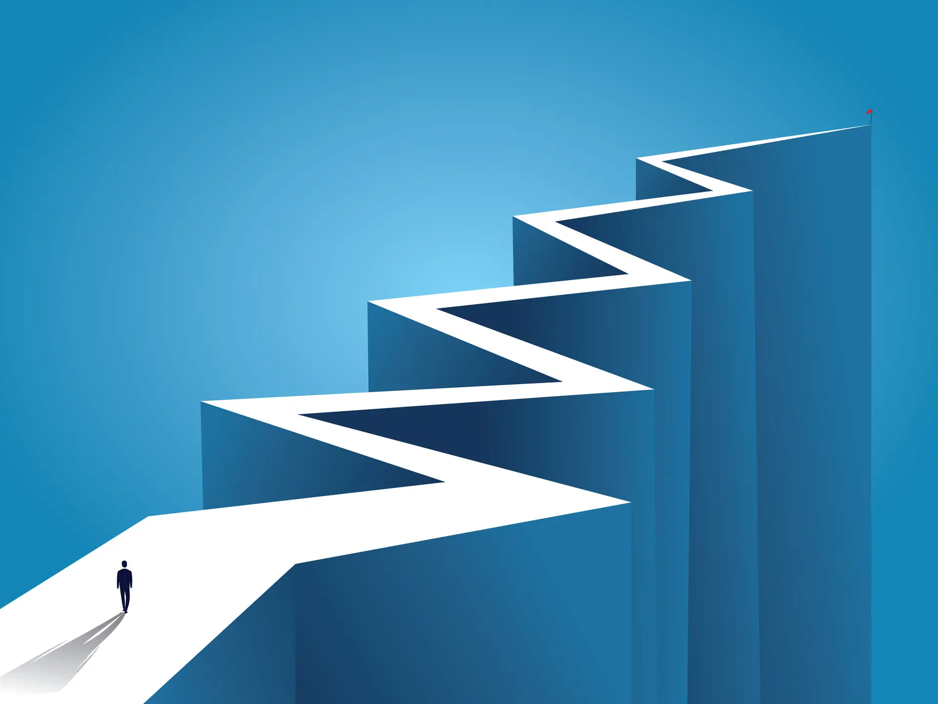 An illustration of a businessperson standing at the beginning of a long, zig-zagging road