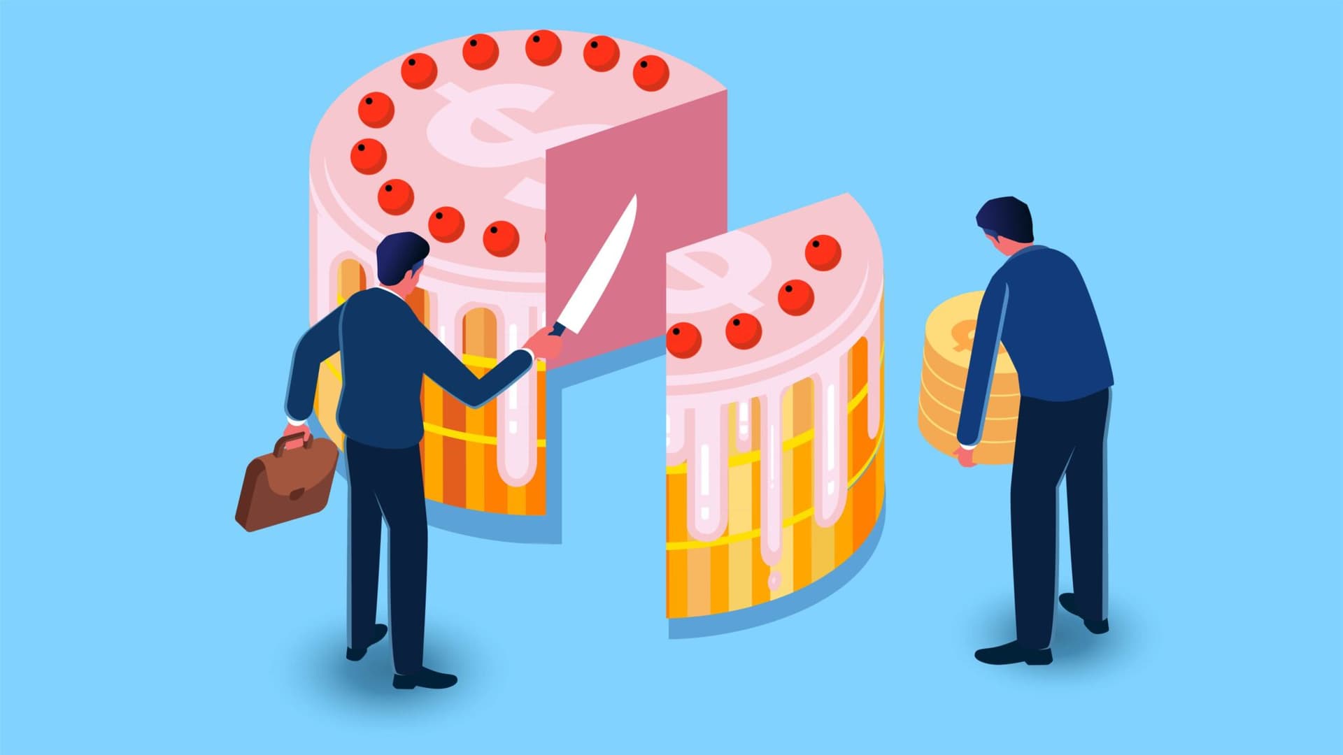 Sharing of profits, return on investment, shareholders, share holders or board of directors, payment distribution, isometric businessmen sharing the money cake