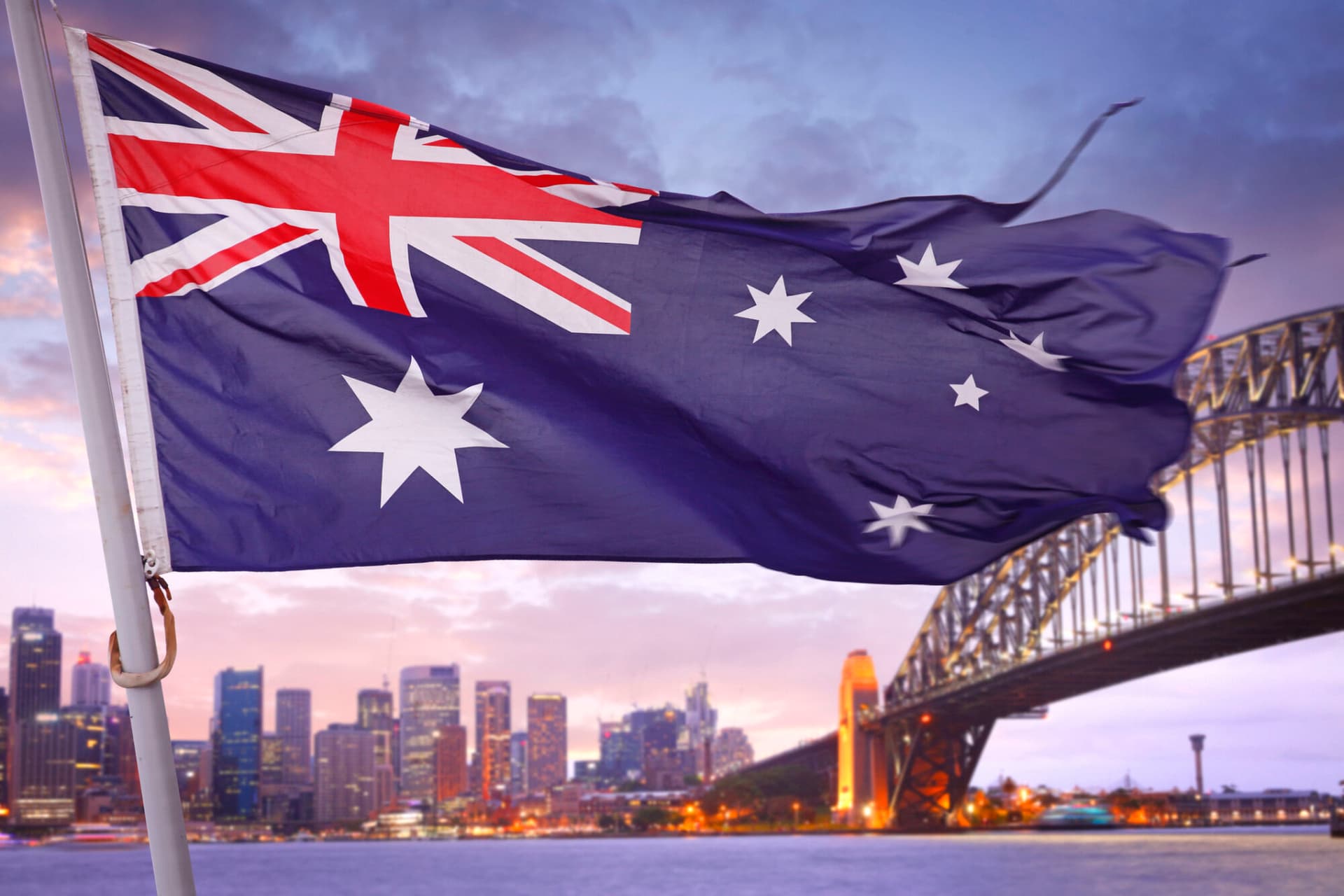 Australian flag waving over Sydney
