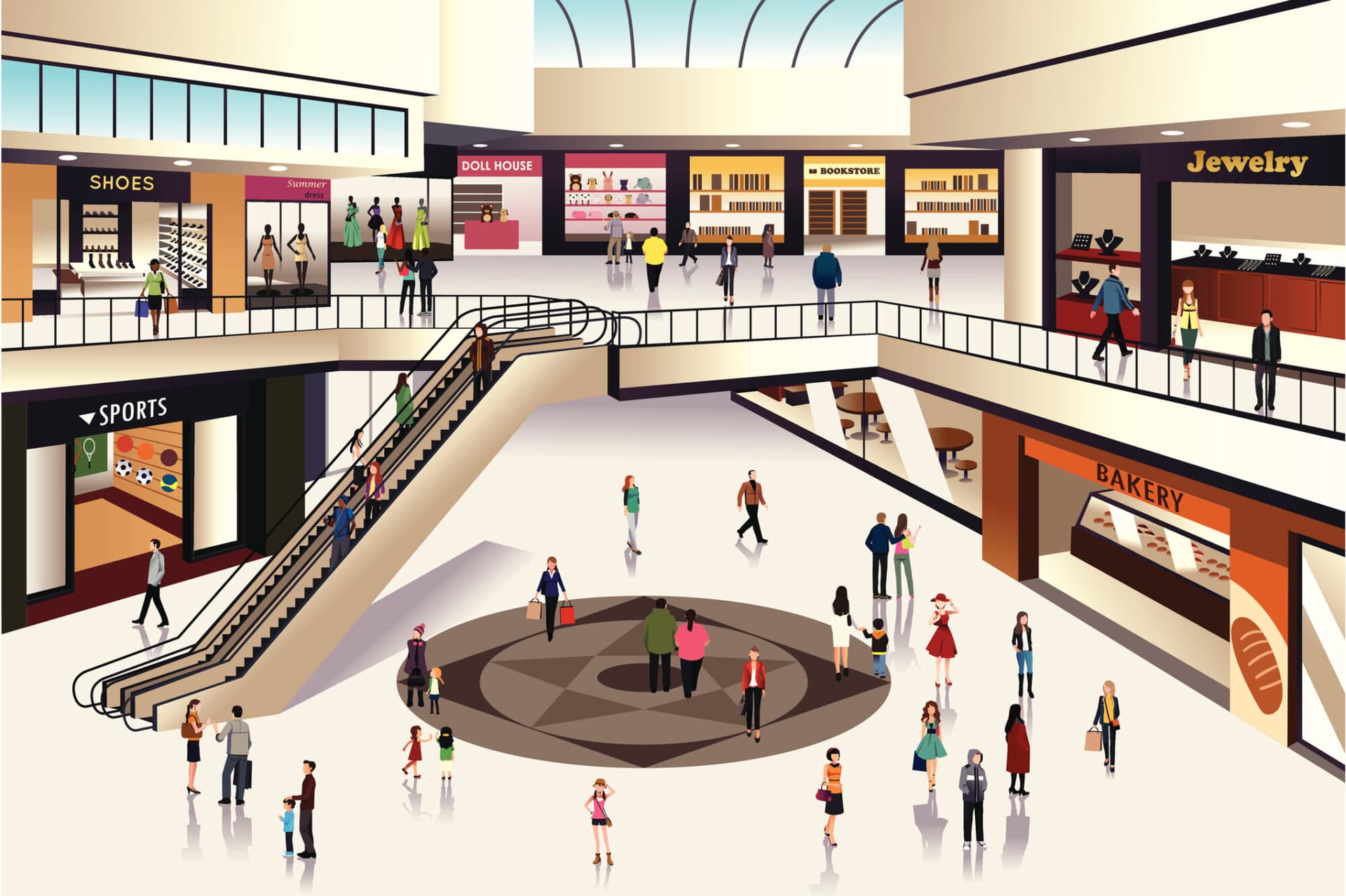 A vector illustration of scene inside shopping mall