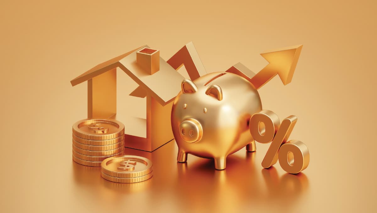 gold piggy bank, housing, house, home, investment, coins, percent, up arrow, T9