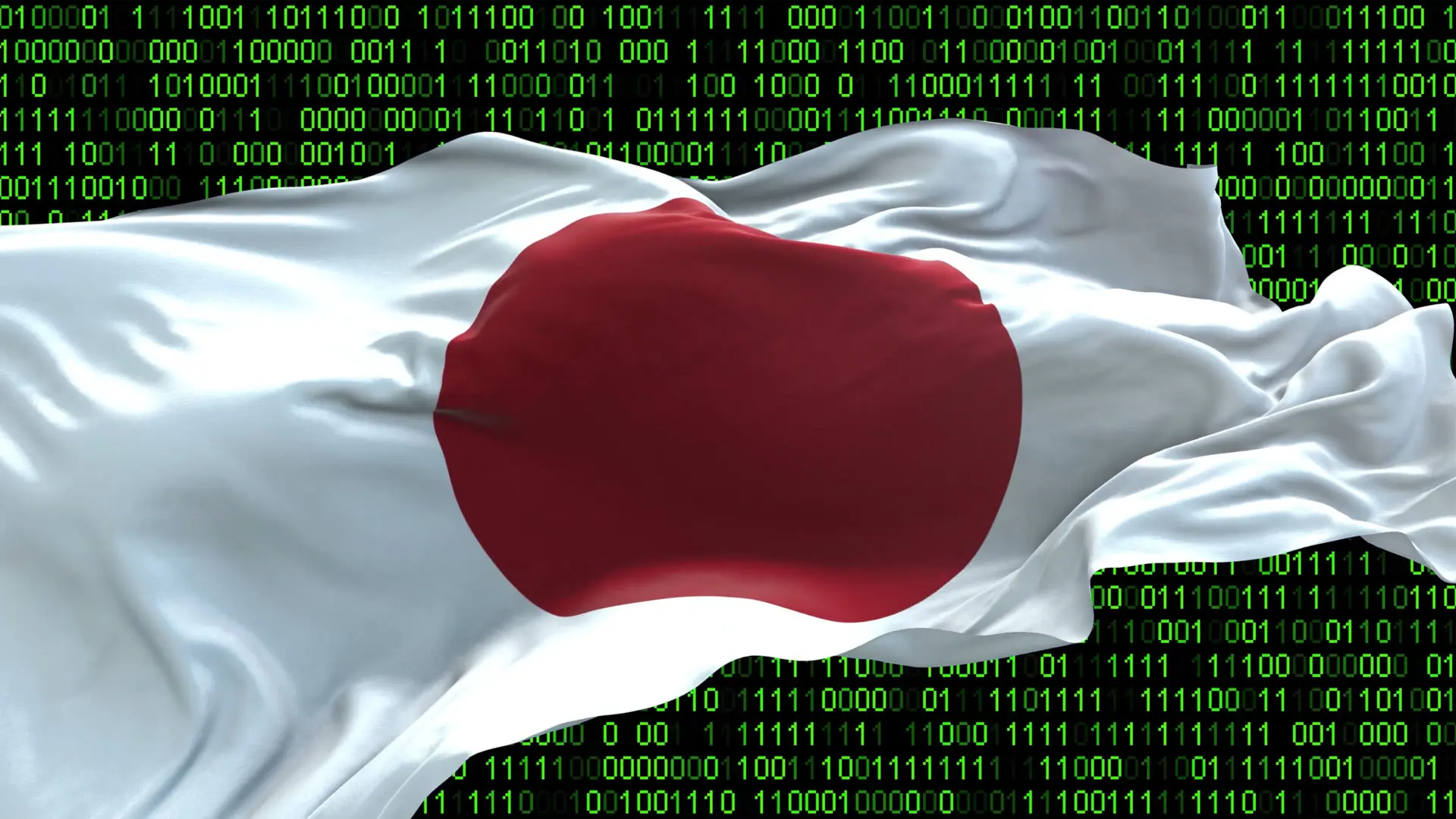 Japan flag - 3D realistic waving flag on matrix digital background with binary code