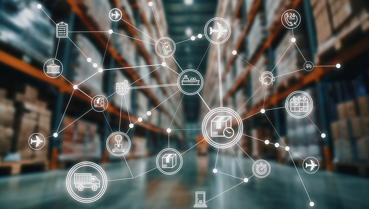 A network of logistics and supply chain icons superimposed over a blurred warehouse, illustrating interconnected systems, transportation, and global distribution. T5