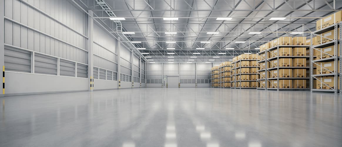 3d rendering of warehouse industry building interior. known as distribution center, retail warehouse. Included cardboard box on shelf, empty space on concrete floor suit for industrial background. Logistics. T9