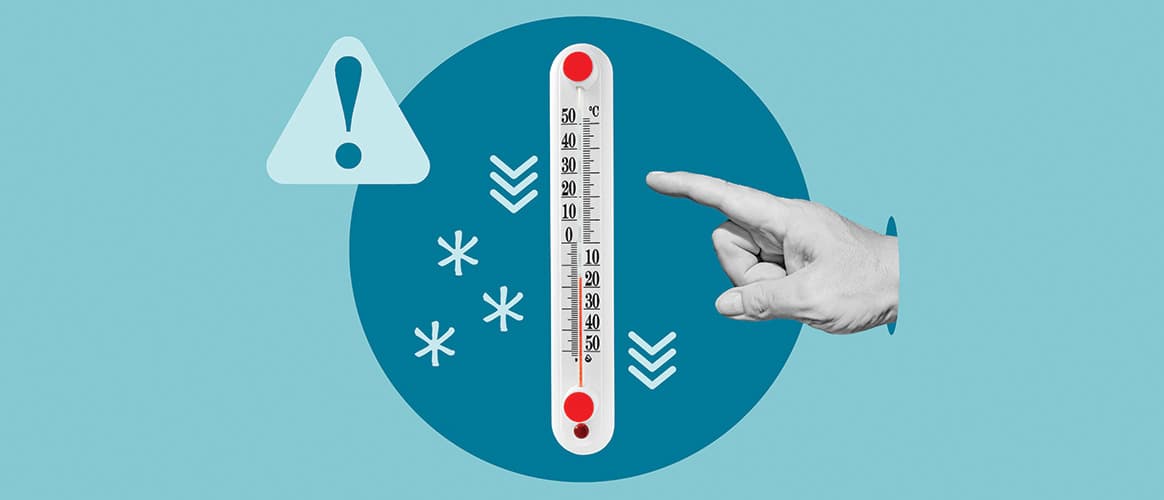 Cold storage. Sudden Temperature Drop and Cold Snap Warning Concept with Thermometer, Extreme Weather Symbols and Climate Alert. T9