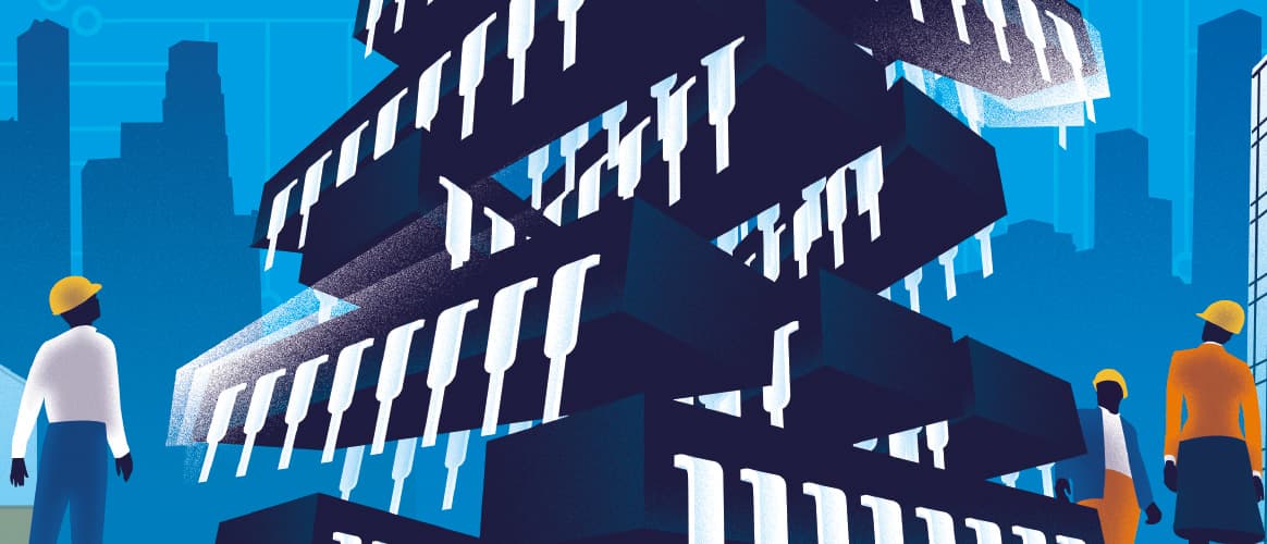 Graphic of workers standing around a stack of computer pieces.