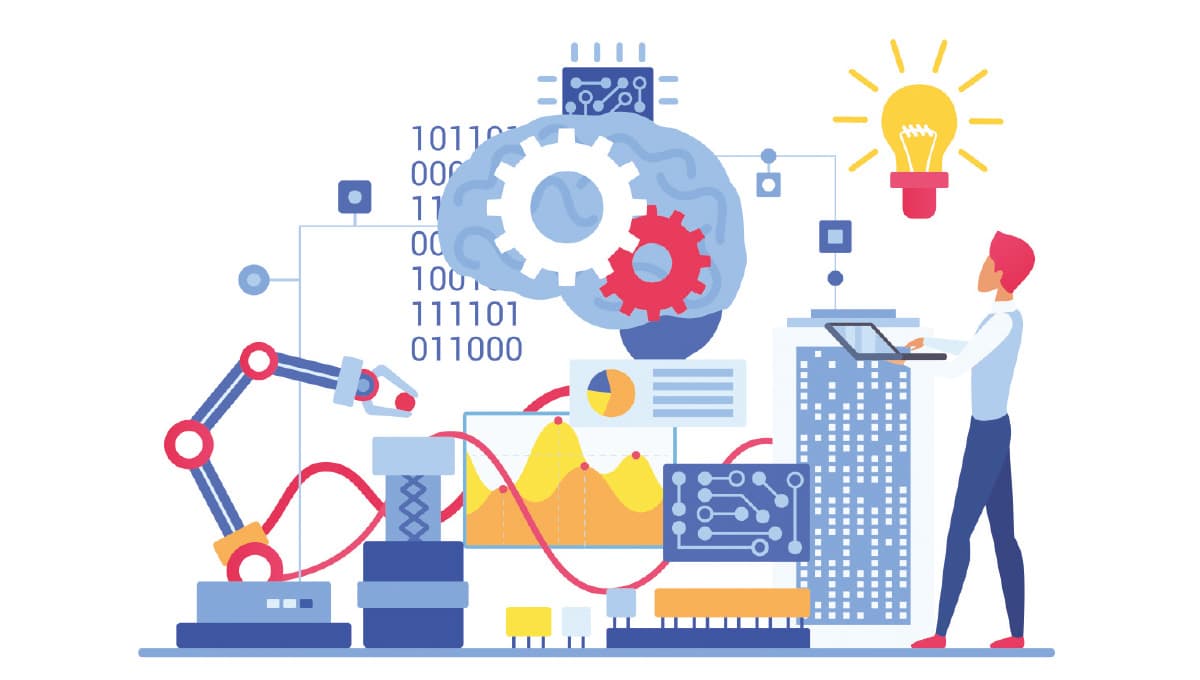 Graphic of a person using machines to do work.