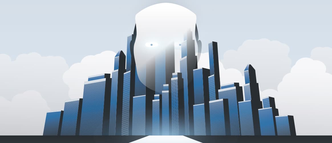 Image of an AI robot looking over a town.