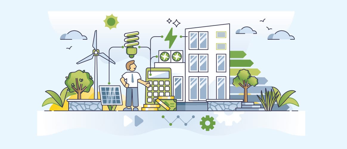 Graphic illustrating renewables and green financing/investment.
