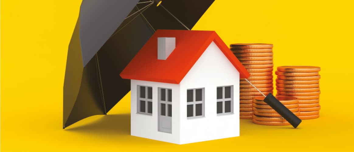 Image of a house under an umbrella next to coins.