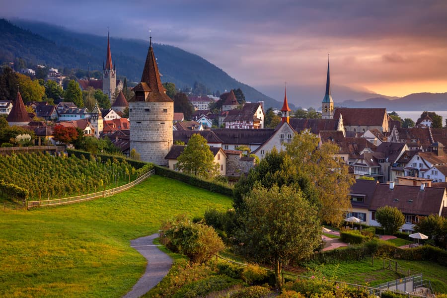 Cityscape image of Zug, Switzerland on a beautiful autumn sunset.