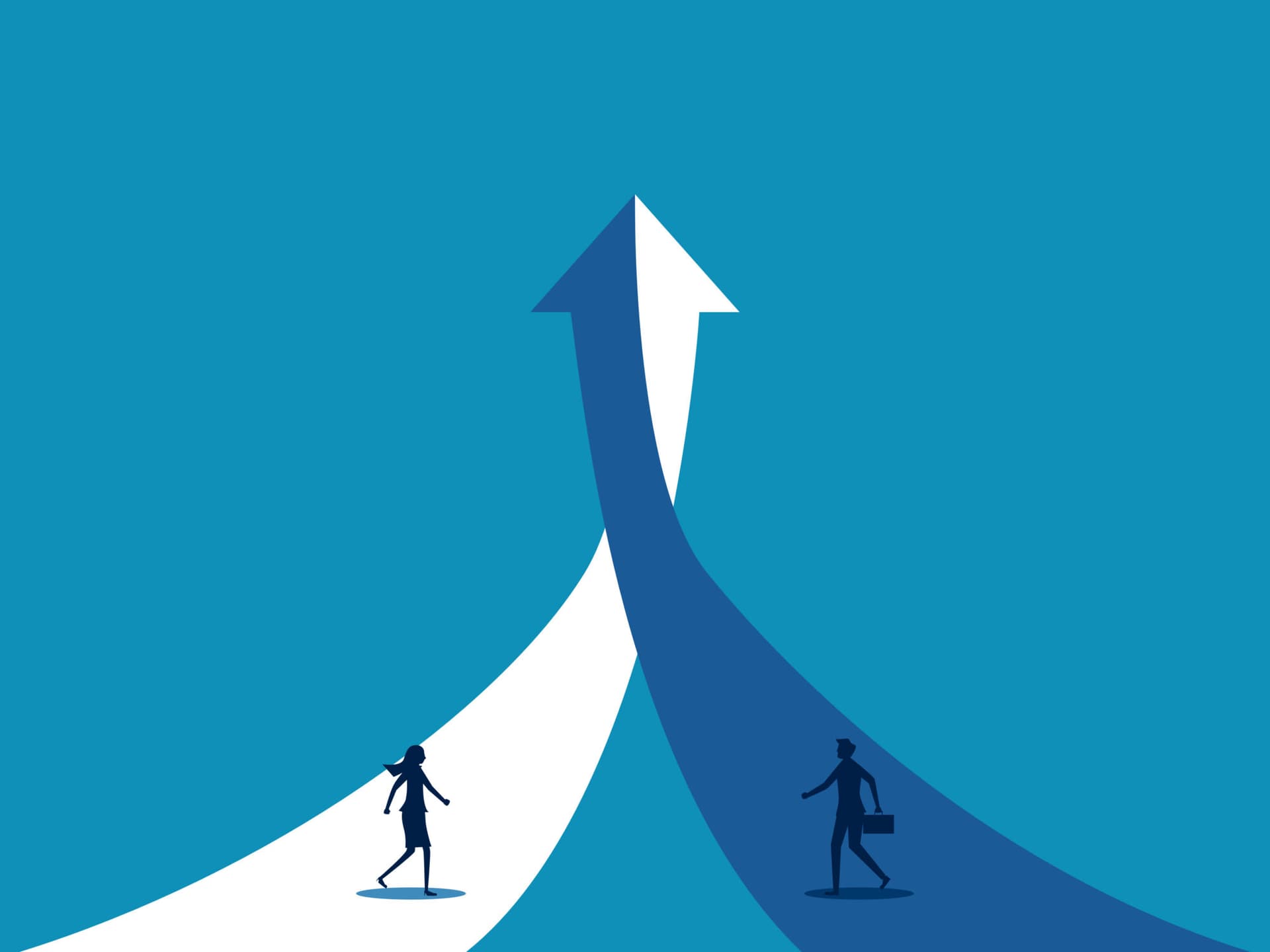 Illustration of arrows pointing upward with two people running up.