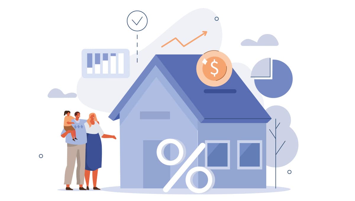Illustration of a family analyzing the cost and pricing of residential homes.